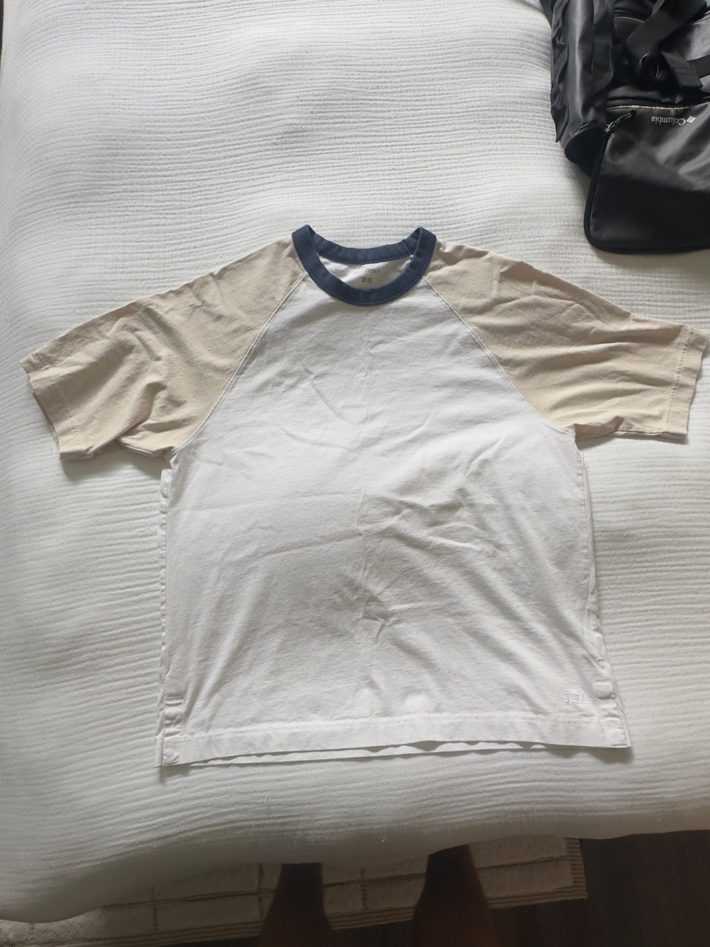 JW ANDERSON Uniqlo White Body Raglan Tee with Beige Sleeves and Navy Collar